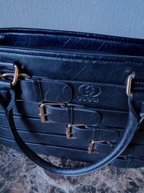 Gucci Black Leather Tote with Buckle Strap Detail